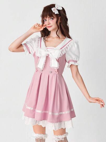 EDITION Women's Cute Princess Contrast Color Lace Collar Bow Decor Puff Sleeve Pleated Dress, Academic Style
