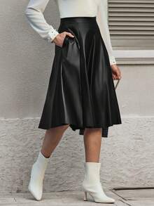 EMERY ROSE 高腰斜口袋PU皮革半身裙 - 黑色 - 查看 5