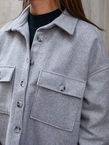 EURMUSE Front Button Pocket Solid Color Casual Long Sleeve Jacket - Grey - View 5
