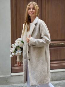 EURMUSE Women's Solid Soft Wool Button Front Elegant Coat - Beige - View 5