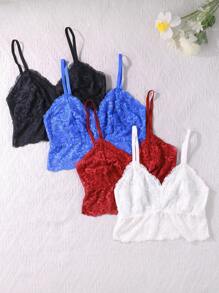 SHEIN 4 pièces/set Soutien-gorge sans fil sexy en dentelle de couleur unie pour femmes - Multicolore - Voir 3