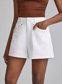 Selenza 优雅手工串珠水钻水洗牛仔短裤 - 白色 - 查看 3