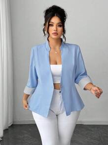 Elenzga 加大码 V 领前开襟优雅通勤拼色条纹袖口 3/4 袖二合一百搭工作西装外套毕业、返校、教师装女士 - 藍色 - 查看 6