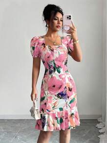 Elenzga Robe élégante et romantique à col carré et volants avec imprimé floral, pour femmes
