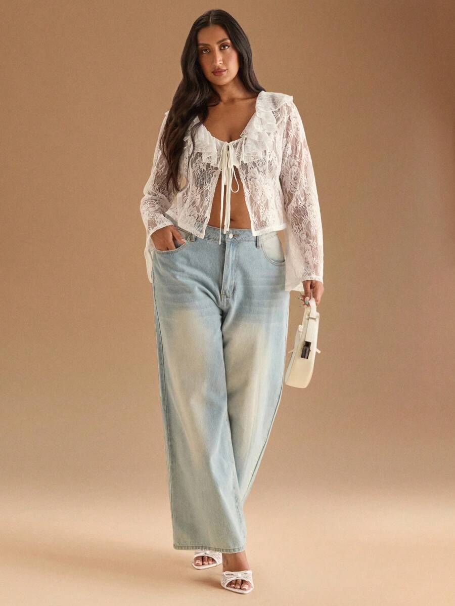 SHEIN BAE Áo cánh tay loe ren xếp nếp mỏng dài tay cỡ lớn cho nữ - trắng - Xem 1