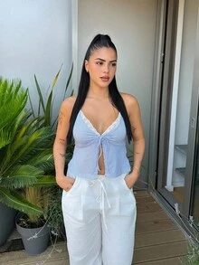 Lucia Bellido Romantic Vacation Sexy Racerback Blue Striped Lace-Up Camisole For Women - Blue - View 7