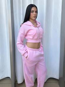 Lucia Bellido Women's Casual Solid Drop Shoulder Loose Zip-Up Cropped Hoodie And Jogger Sweatpants Set - Pink - View 5