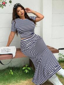 Solflare 2pcs/Set Women Plus Size Casual Vacation T-Shirt And Striped Maxi Dress, Spring/Summer - Navy Blue - View 3