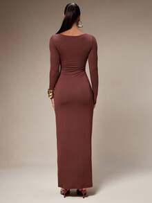 Silquee 女式纯色圆领长袖褶皱修身优雅连衣裙