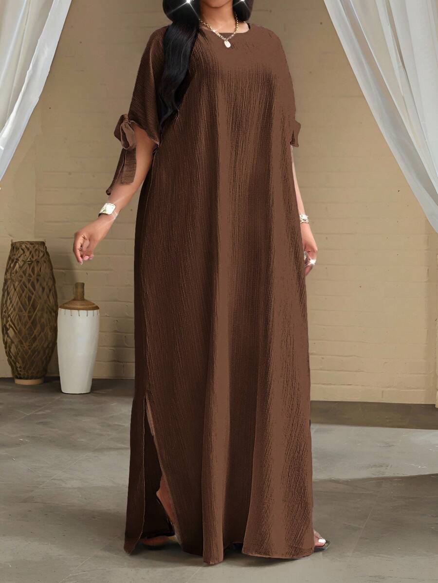 SHEIN Lady Váy dự tiệc cỡ lớn màu trắng tay ngắn dành cho nữ, váy dài rộng rãi, váy tắm cô dâu đi biển, váy dài ôm dáng cho nữ - màu nâu - Xem 1
