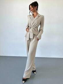 Firerie Women's Elegant Casual/Office/Formal Khaki Asymmetrical Lapel Metal Button Tie Waist Asymmetrical Hem Long Sleeve Blazer And Wide Leg Pants Suit In Fall/Winter - Khaki - View 2
