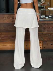 SHEIN EZwear 白色梭织女式工装口袋拼布喇叭长裤 - 白色 - 查看 3