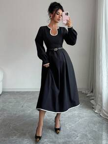 Siren Gaze Solid Color U-Neck A-Line Hem Dress, Contrast Trim Dress, Elegant Women's Clothing, Ladies Office/Commute Long Sleeve Dress, Black Dress Winter Evening Dress Black - Black - View 6