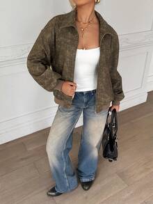 SHEIN Teen Girl Vintage Distressed Snowflake PU Leather Jacket, Turndown Collar Women Outerwear, Autumn - Brown - View 3