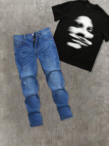 SHEIN Jeans ajustados cómodos y elásticos con diseño lavable azul vintage cool de estilo casual Y2K para niños preadolescentes, ropa diaria suave, ropa de verano y otoño para festivales rave y playa, ropa de calle y escuela en invierno - Azul - Ver 6