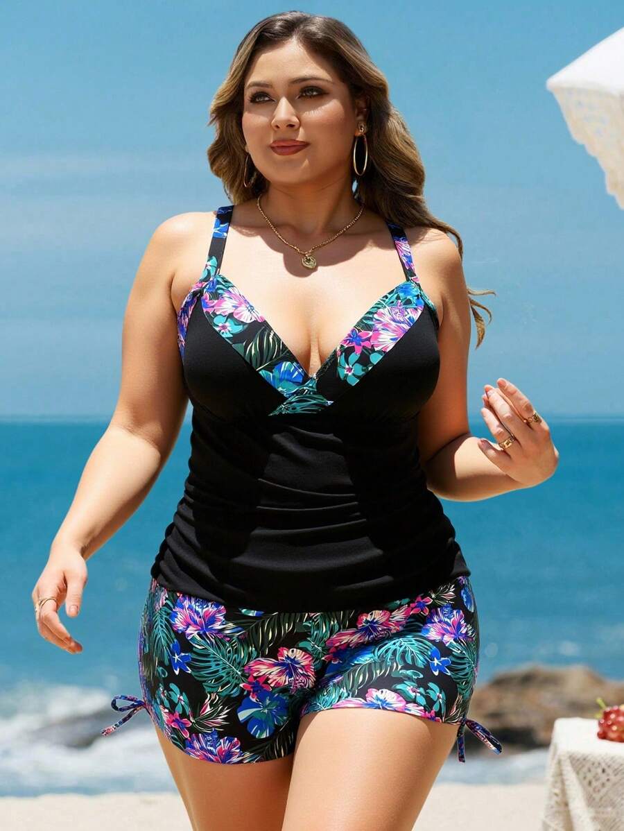 Swim Lushoire Plus Size Tropical Print Tankini Swimwear Set Plus Size Beachwear Plus Size Tankinis With Shorts For Summer Beach Vacation