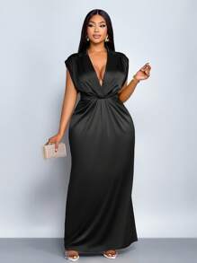 SOLERSUN Women Commute Minimalist Office Old Money Simple Lapel Neck Batwing Sleeve Ruched Bodycon Satin Dress Maxi Women Outfit