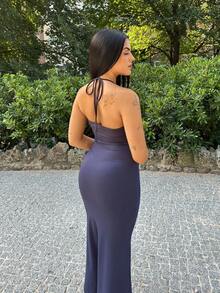 Lucia Bellido 1pc Women Solid Color Mermaid Hem Long Elegant Halter Neck Dress Maxi Women Outfit - Royal Blue - View 2