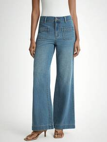 女式口袋喇叭休闲牛仔裤 - 中等水洗藍 - 查看 1