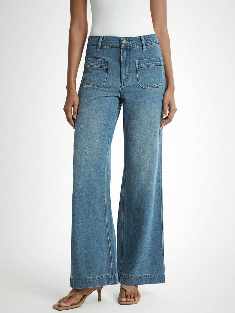 女式口袋喇叭休闲牛仔裤 - 中等水洗藍 - 查看 1