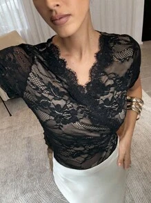 Lavishia 女士优雅纯色蕾丝紧身衣，夏季 - 黑色 - 查看 6