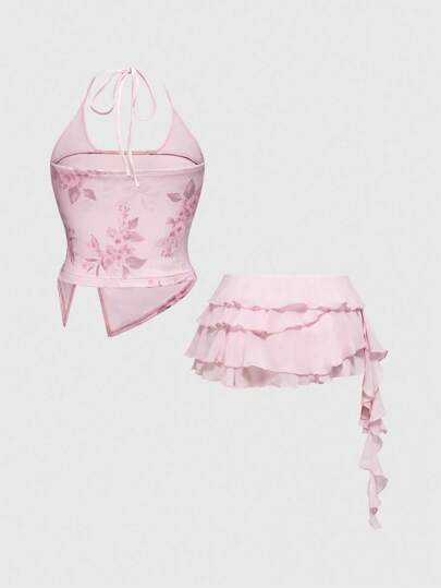 Fairycore 2 pièces/Set Débardeur en maille à col ras-du-cou romantique pour vacances et mini-jupe froncée à taille très basse, grande taille