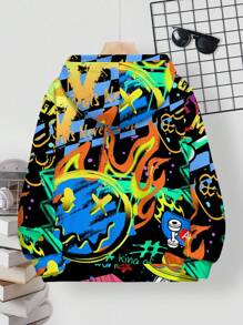 SHEIN Sudadera con capucha holgada y cómoda de estilo minimalista casual para niño preadolescente, con estampado gráfico de consola de juegos, cara sonriente y letras en inglés, adecuada para otoño/invierno