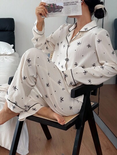 Long Sleeve Top Woven Women Pants Pajama Set Bow Pattern Regular Fit, Fall Clothes Cozy Elegante view 4