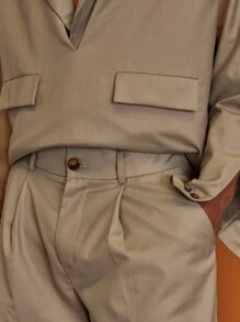 Musero Tailored Long Line Pleated Shorts With Button Detailing Spring Summer Holiday Vacation - Khaki - View 6