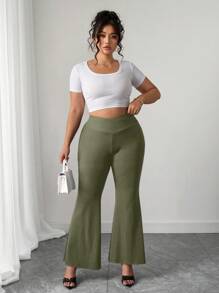 Elenzga Plus Size Women's New Asymmetric Waist Flare Knit Pants, Black, Loose Fit Elegant Office Wear Plus Size Flare Pants Plus Size Bell Bottoms Stretchy Pants Fall Cloth For Women