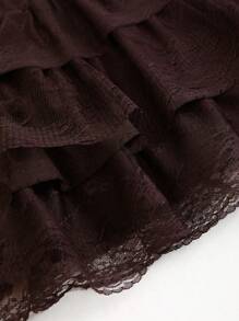 Sweetra Falda acampanada con volantes Y2K de tejido jacquard negro texturizado con encaje en contraste