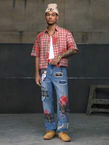 AXEPEAK Herren Patchwork Karomuster Taschen Gerade Loose Lässig Vielseitige Jeans