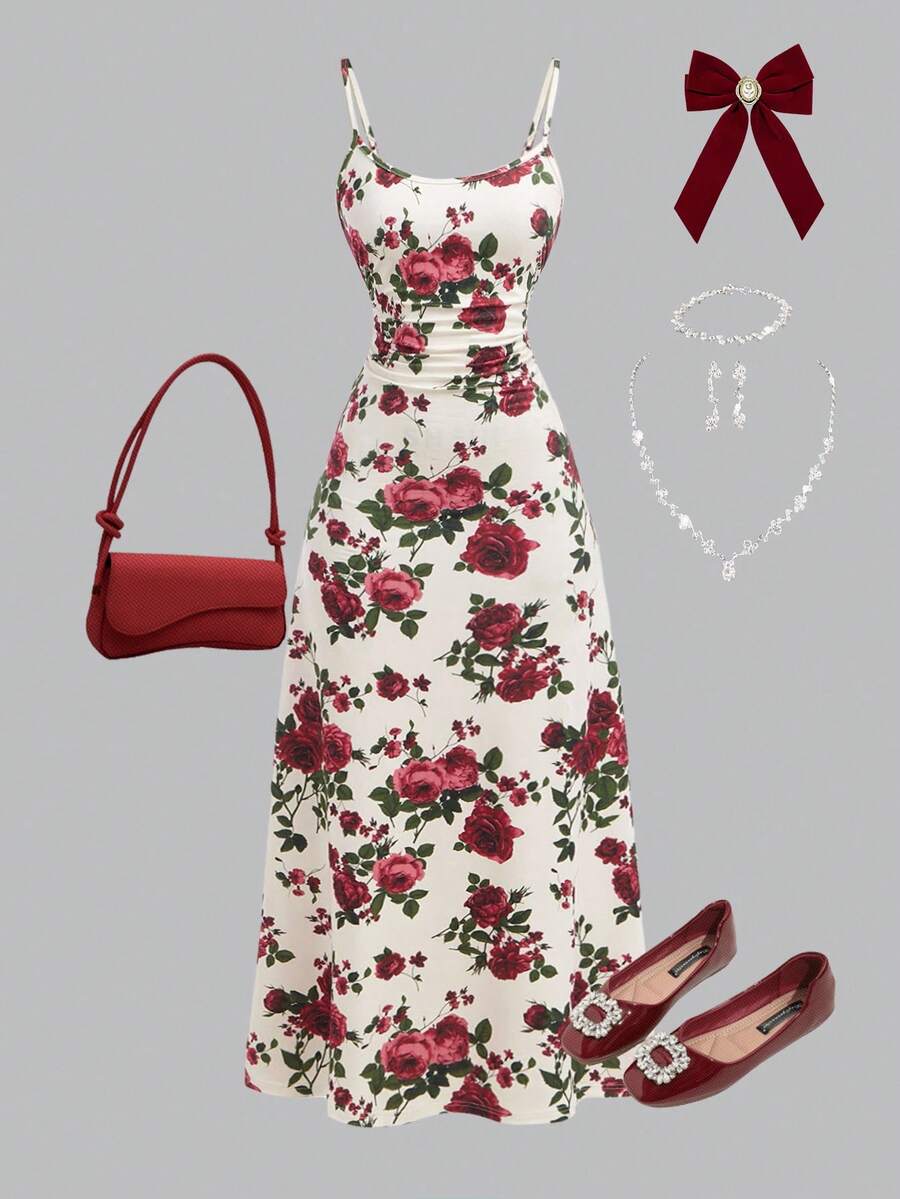 Girlism TEENGIRL Casual Minimalist Blue & White Floral Print Dress, Vacation Outfit, Bohemian Style, Hawaiian Clothing, Country Style, Summer Ruffled Spaghetti Strap Long Dress - Multicolor - View 1