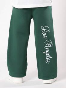 SUMWON Pantalones de chándal con logo de guión de Los Ángeles, ajuste cómodo de pierna ancha, pantalones de invierno, ropa de equipo juvenil, ropa de espíritu escolar de otoño - Verde Oscuro - Ver 1