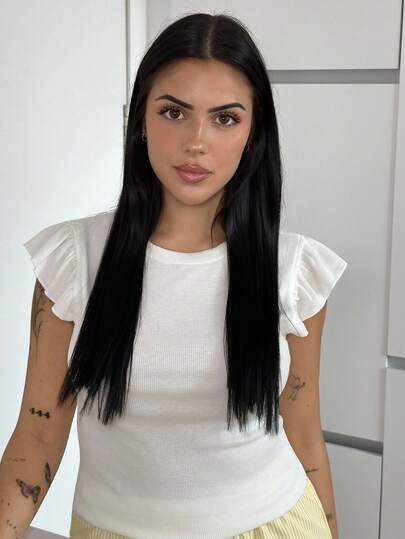 Lucia Bellido WYWH Vacation Ruffle Trim Ribbed White Knit Tee