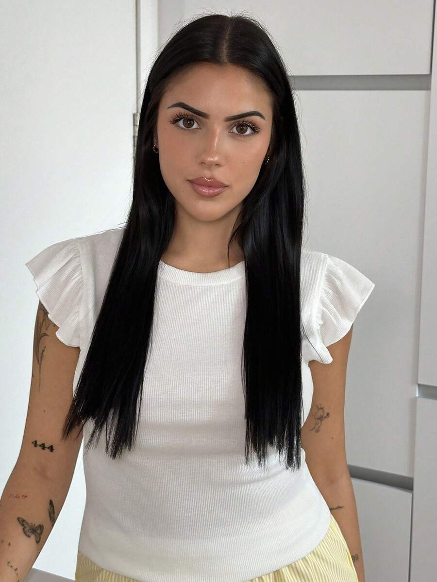 WYWH Vacation Ruffle Trim Ribbed White Knit Tee - White - View 1