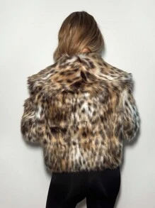 SHEIN ICON 女士时尚短款豹纹仿毛领夹克秋冬动物纹皮草夹克 - 棕色 - 查看 2
