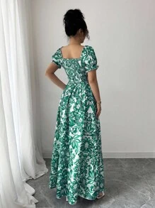 Elenzga New Floral Print Bubble Sleeve Tie Front Backless Waist Cinched Dress, Elegant & Chic For Vacation, Casual Dates, Flattering & Slimming