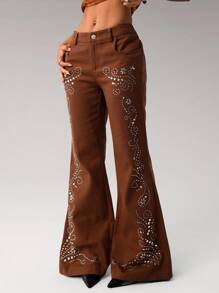 SHEIN ICON 女式 Y2K 千禧复古花卉图案水钻装饰低腰修身喇叭裤 - 棕色 - 查看 3