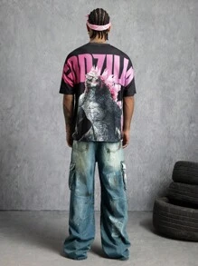 GODZILLAxKONG X SHEIN Men's Casual Monster & Letter Graphic Round Neck Short Sleeve T-Shirt, Summer - Black - View 3