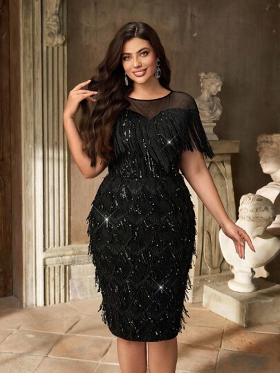 Aureia Plus Size Elegant Simple Black Round Neck Transparent Neckline Splicing Luxury Beaded Tassel Tight Hips Suitable For Wedding Party Celebration Important Occasion Cocktail Gown