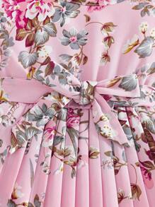 SHEIN Young Girl Pink Printed Bell Sleeve Pleated Princess Dress - Pink - View 5