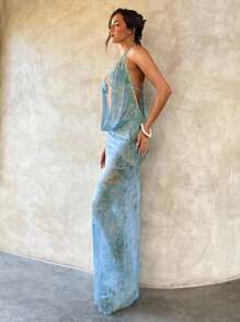 Aloruh 女士新款扎染印花雪纺波西米亚美人鱼下摆罩衫裙，优雅性感露背深垂领长裙，非常适合女士夏季海滩度假露背长裙镂空长裙海洋裙罩衫泳装泳衣罩衫女式泳衣罩衫，乡村音乐会服装 - 彩色 - 查看 5