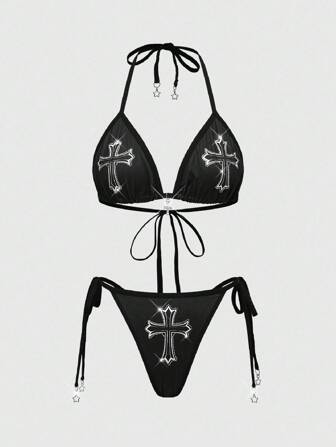 Goth Gothic Cross & Pentagram Rhinestone Decor Lace-Up Wireless Bra Set For Women