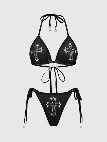 Goth Ensemble de soutien-gorge sans fil avec décoration de croix gothique et pentagramme en strass pour femmes