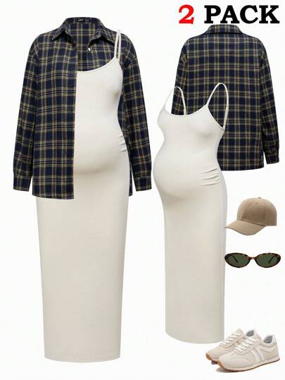 SHEIN 2pcs Maternity Plaid Long Sleeve Button-Up Shirt And Cami Dress Set Fall Clothes Pregnant Clothes Pregnant Outfits Maternity Two Piece Set Plaid Maternity Outfit Boho Chic