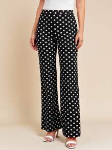 SHEIN Tall CURVE Plus Size Women's Autumn New Vintage Polka Dot Black & White Print Stretch Knit Pants, Versatile For Daily, Commuting And Multi-Occasion Wear Polka Dot Pants High Waisted Pants - Black - View 6