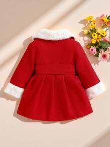 Souflis Souflis Baby Girls' Color Blocking Lapel Bow Decor Long Sleeve Warm Jacket - Red - View 2