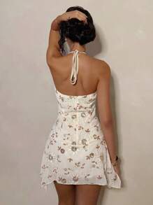 Glamine 女士橙色串珠性感无袖不对称下摆迷你露背度假派对连衣裙 - 杏色 - 查看 3