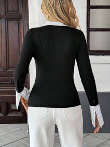 Pariaura 女士时尚二合一拼接长袖T恤，春夏休闲款，适合大学秋季穿着 - 黑色 - 查看 2